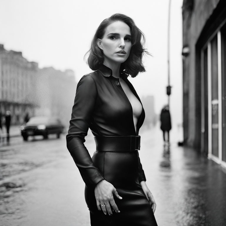 Woman in elegant black dress on city street with blurred background.