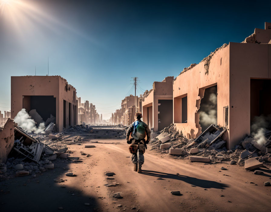 Person walking in ruined street under smoky sky