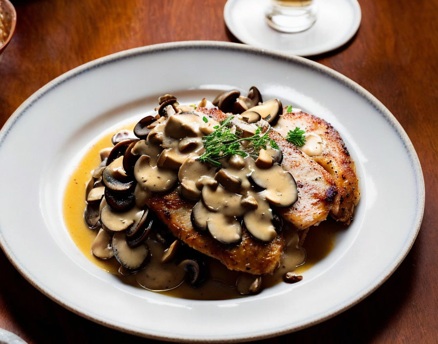 Grilled Chicken Breast with Creamy Mushroom Sauce on White Plate