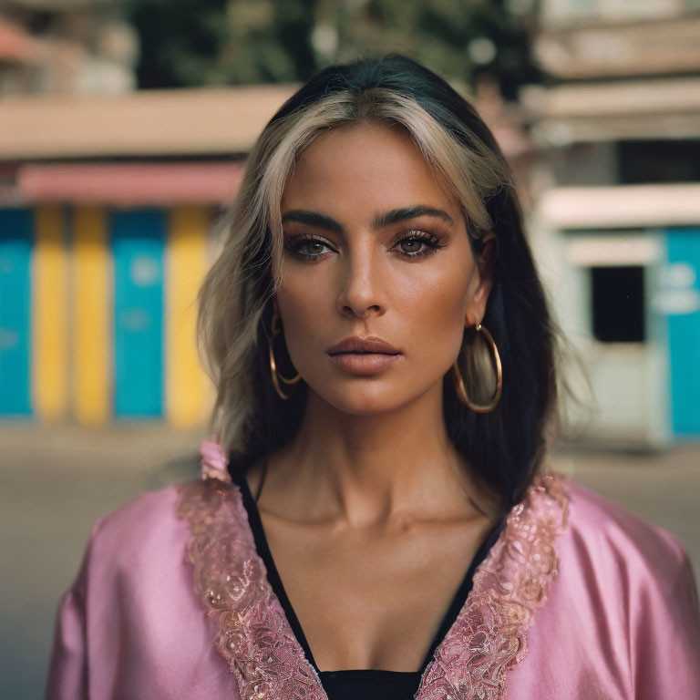 Woman in Pink Embroidered Top with Hoop Earrings on Blurred Door Background