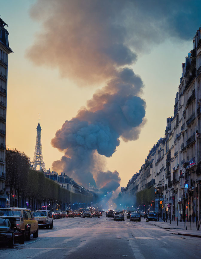 City street at dusk with Eiffel Tower and smoke plume