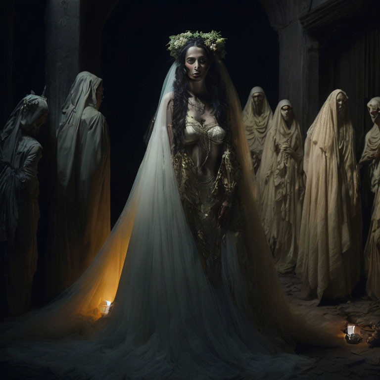 Bride surrounded by cloaked figures in dark, candlelit setting