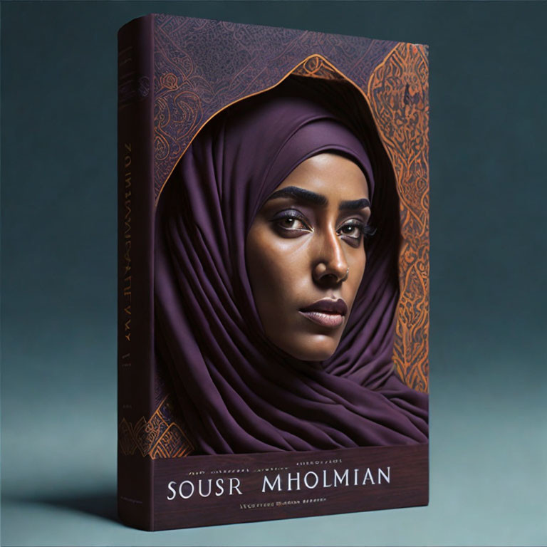 Illustrated woman in hijab on blue cover with golden patterns