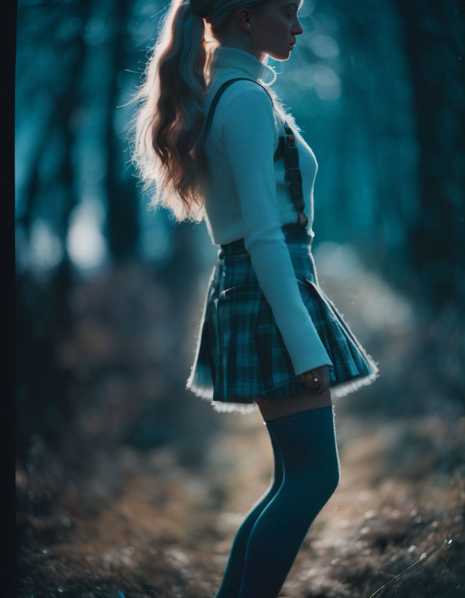 Plaid Skirt Woman in Forest with Ethereal Glow