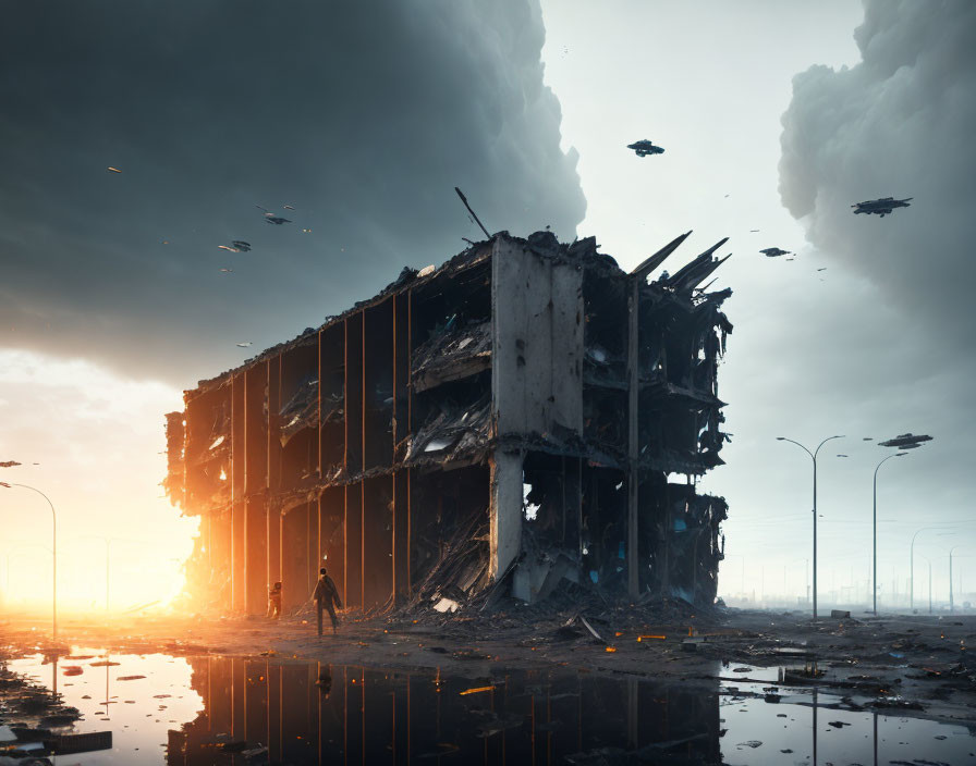 Person near crumbling building in desolate landscape with debris and flying ships.