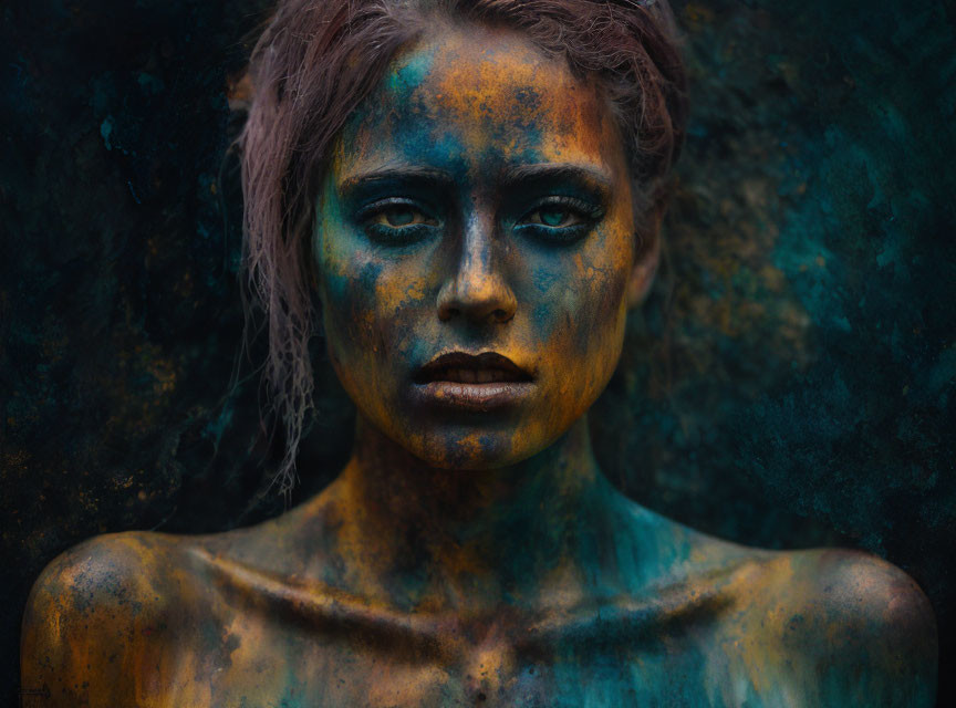 Blue and Gold Body Paint on Textured Background for Moody Artistic Vibes