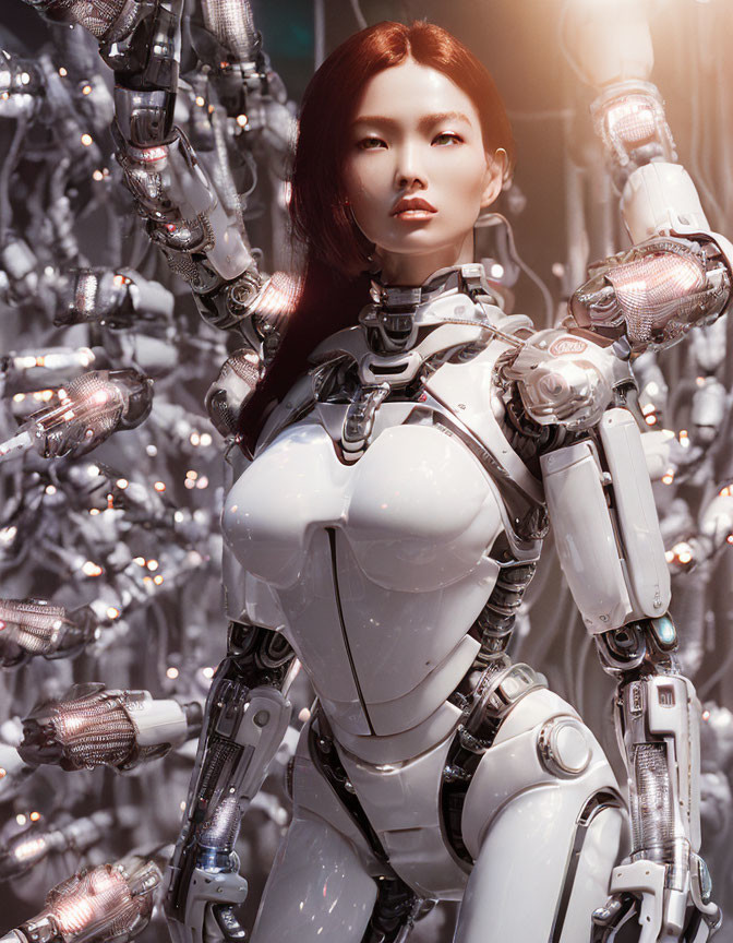 Female humanoid robot with white body and mechanical joints among robotic arms