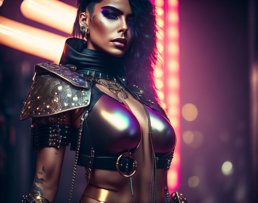 Bold Makeup and Metallic Outfit on Fierce Individual in Neon-lit Setting