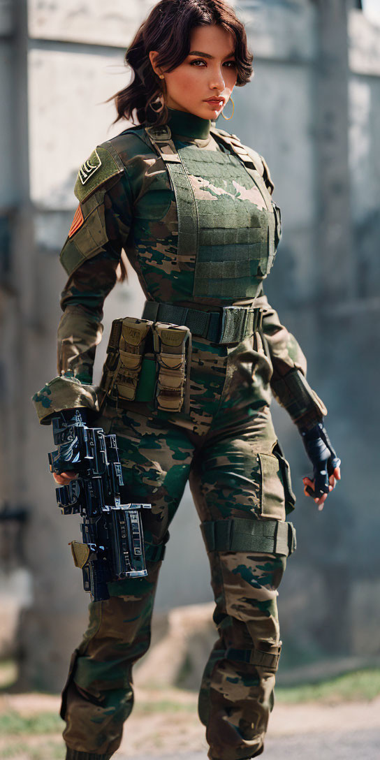 Female soldier in camo tactical uniform with gloves and prop firearm