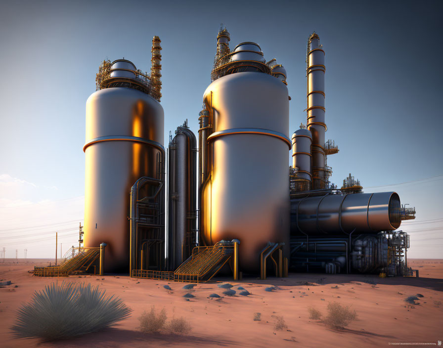 Desert industrial facility with metallic towers and pipes