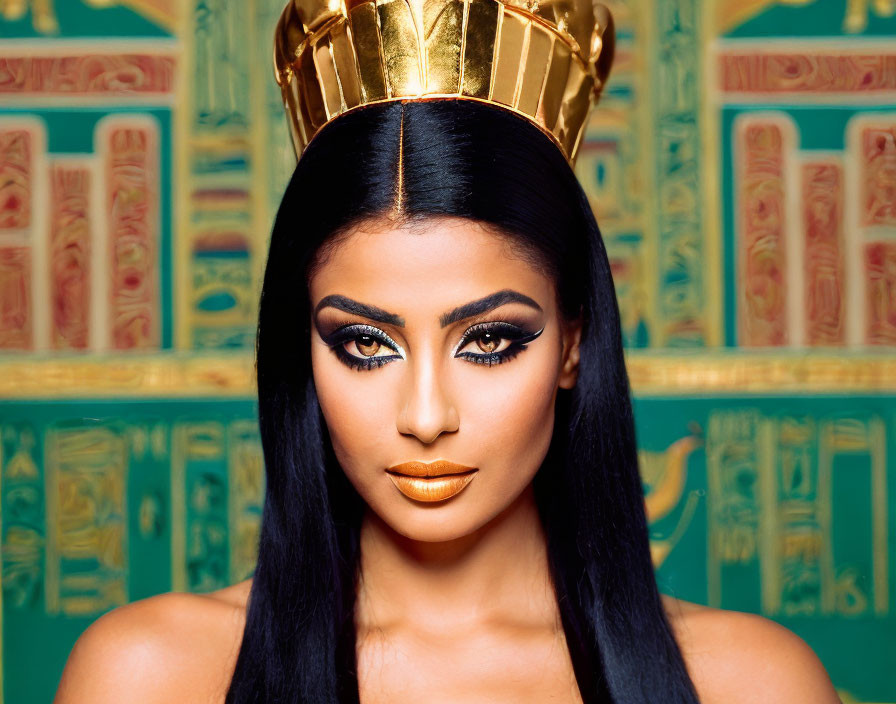 Woman with dramatic eye makeup and gold crown in front of Egyptian hieroglyphics.