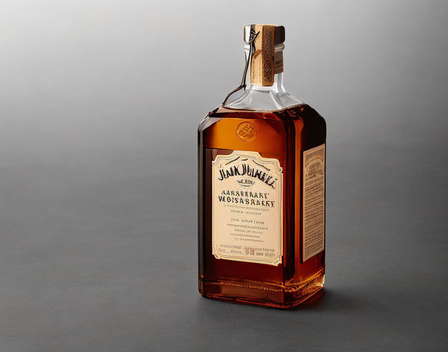 Bottle of Jack Daniel's Whiskey with Label and Cork Cap on Gray Background