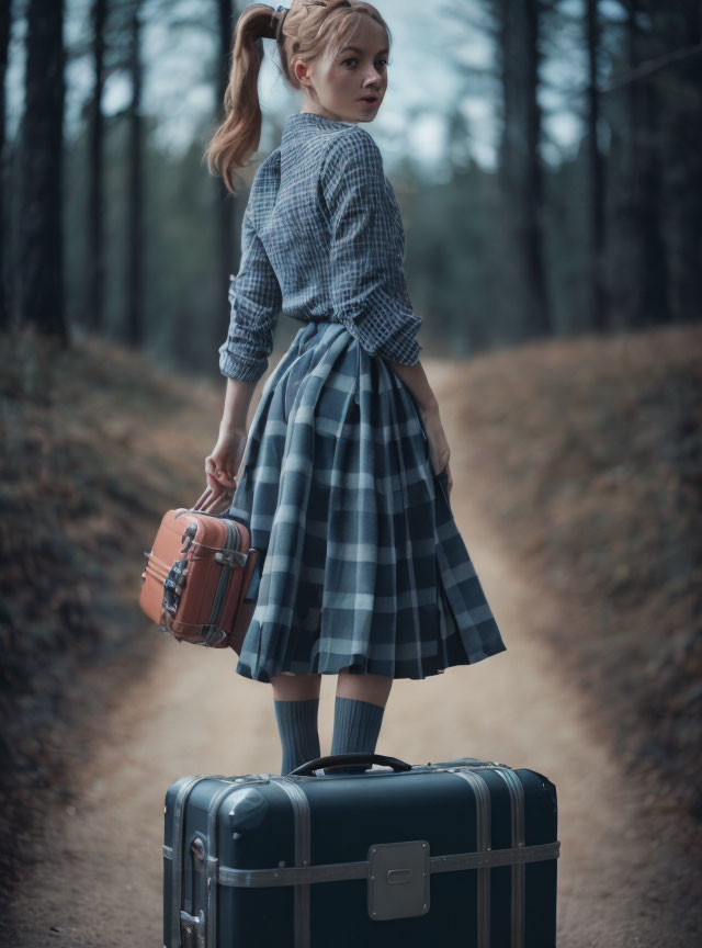 Vintage-clad woman with suitcase on forest path.