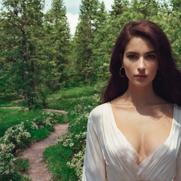 Woman in white dress among lush forest path and flowering bushes