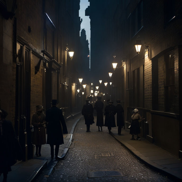 Vintage-style photo: People in period clothing walking down foggy, lamp-lit alleyway