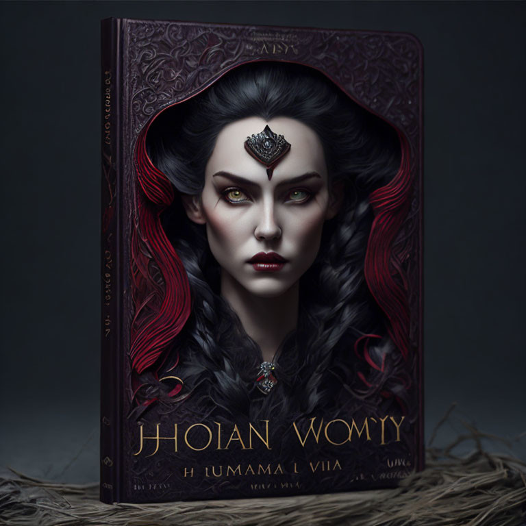 Mystical woman with red hair on dark book cover with unique title typography