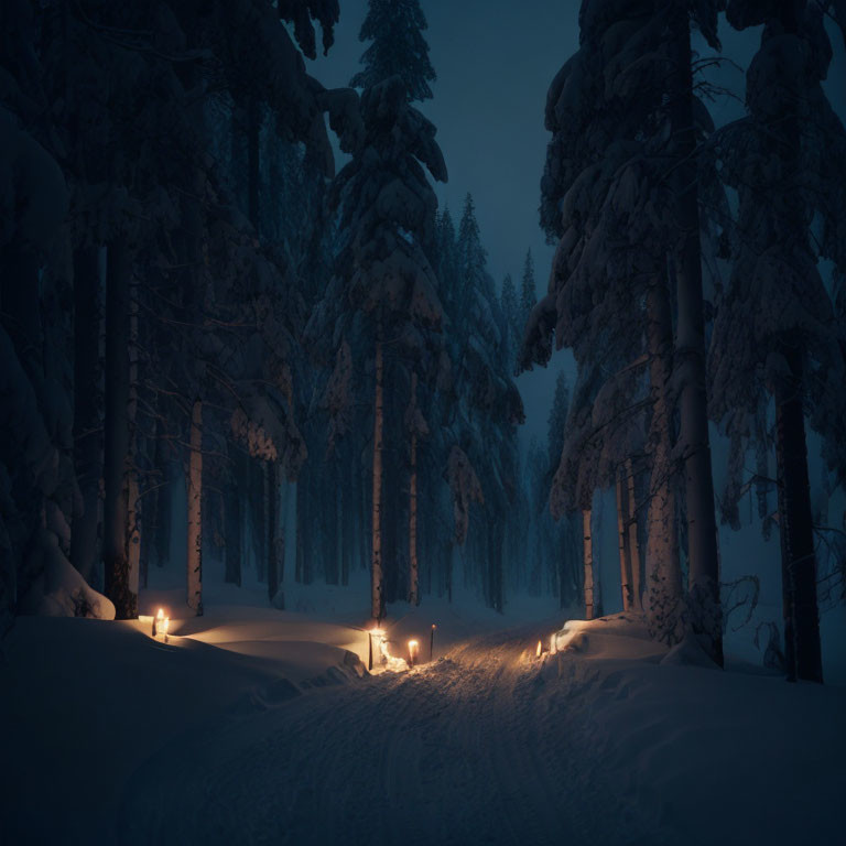 Snowy forest path illuminated by lanterns among snow-covered trees