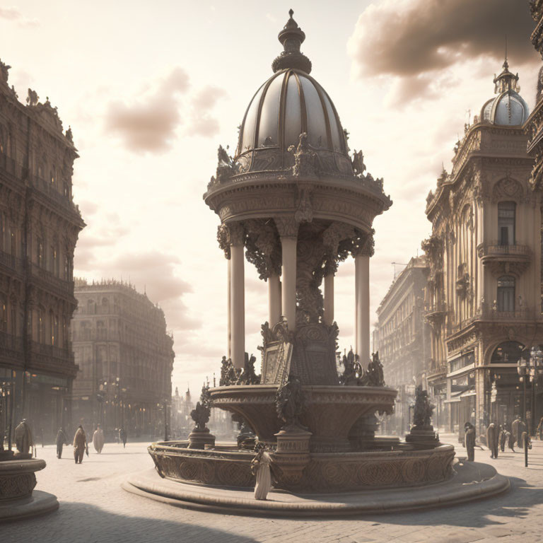 Vintage ornate kiosk in European-style square with classical buildings and people walking under hazy sky