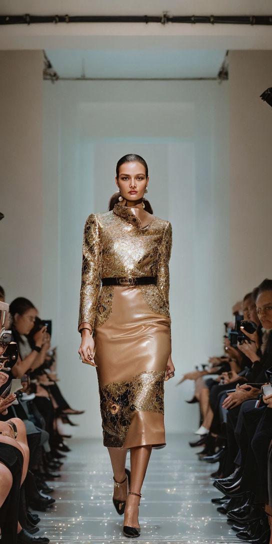 Fashion show model in gold sequined outfit on runway