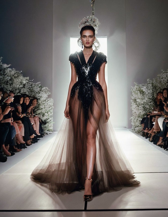 Runway model in elegant black dress with sheer skirt and sparkling tiara at fashion show