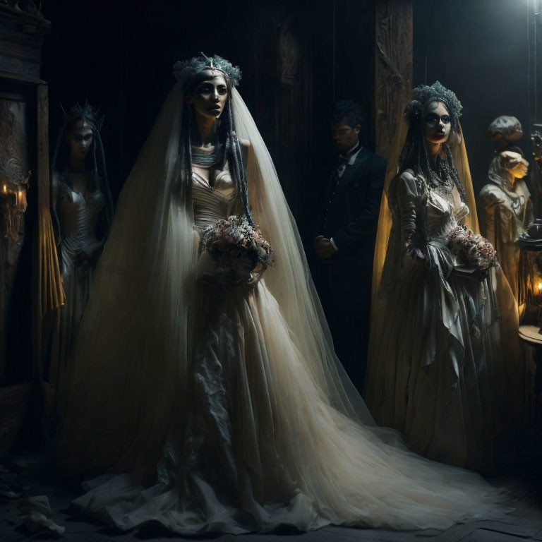 Ghostly vintage wedding scene with eerie bridesmaids in gothic setting