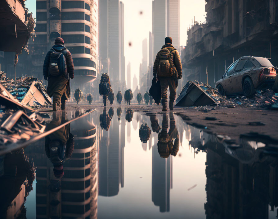 Two individuals walking in dystopian cityscape with abandoned cars and tall buildings reflected in water.