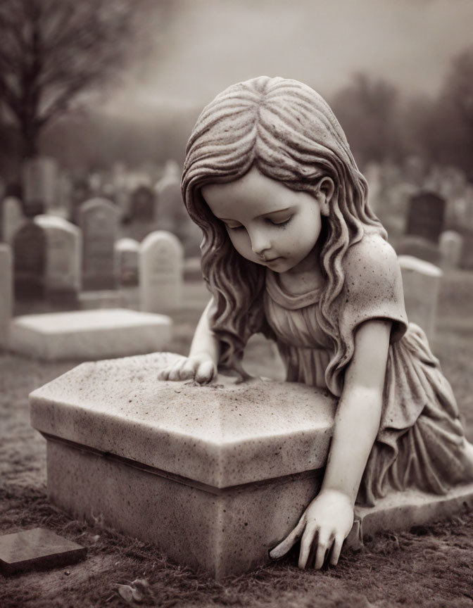 Sepia-Toned Photograph of Young Girl Statue in Cemetery