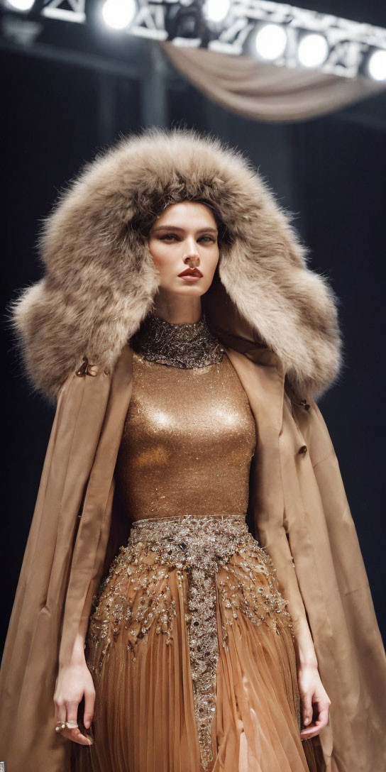 Fashion Model in Sparkling Gold Top & Fur Collar Beige Coat