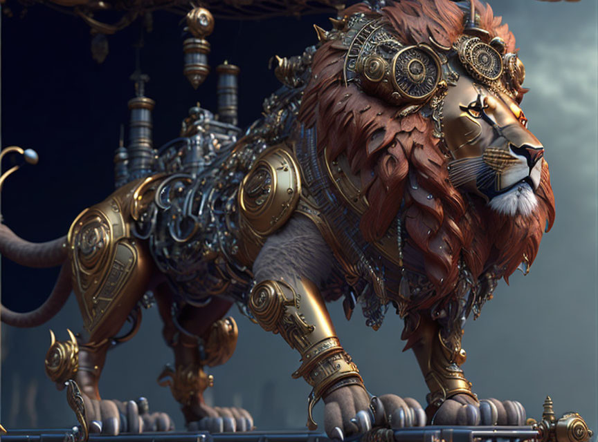 Intricate Steampunk Mechanical Lion on Dark Background