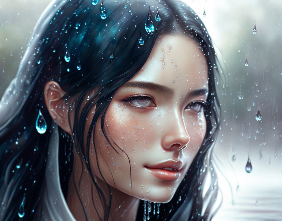 Digital artwork: Young woman with raindrops in hair and skin, serene expression in gentle rain