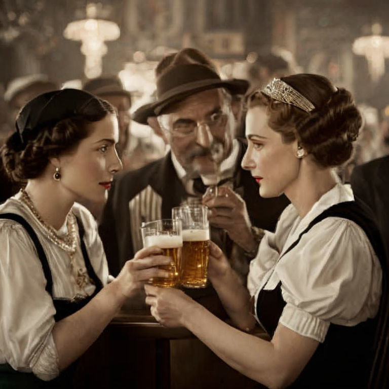 Two women in traditional attire clinking beer glasses with man in fedora hat in vintage pub scene.