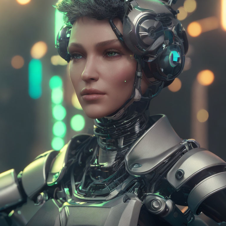 Female android with intricate headgear and metallic neck under neon lights