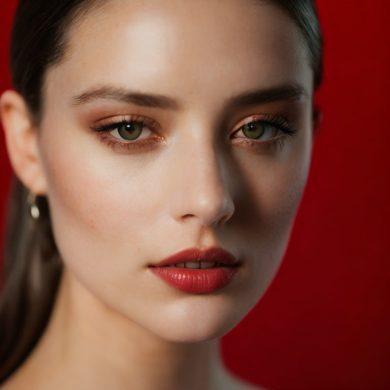 Woman with Hazel Eyes and Red Lipstick on Clear Skin Against Red Background