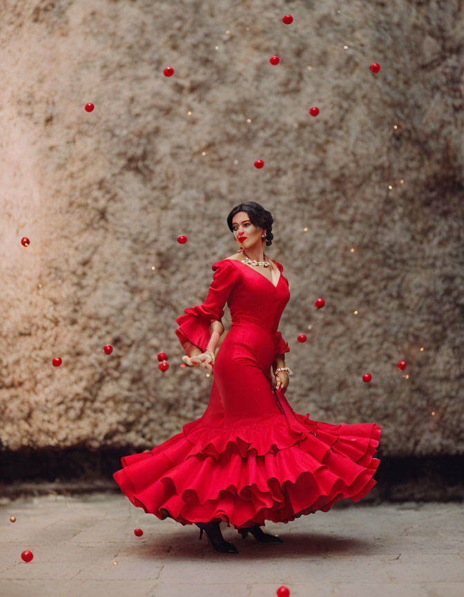 Woman in Red Flamenco Dress Dancing Amid Flying Rose Petals