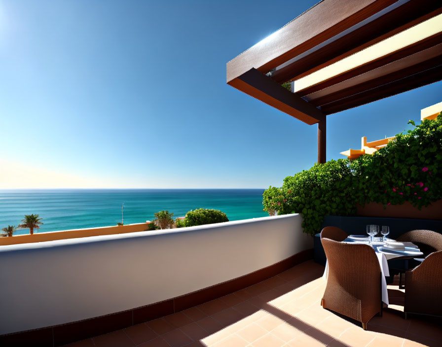 Scenic balcony dining setup with sea view and lush greenery