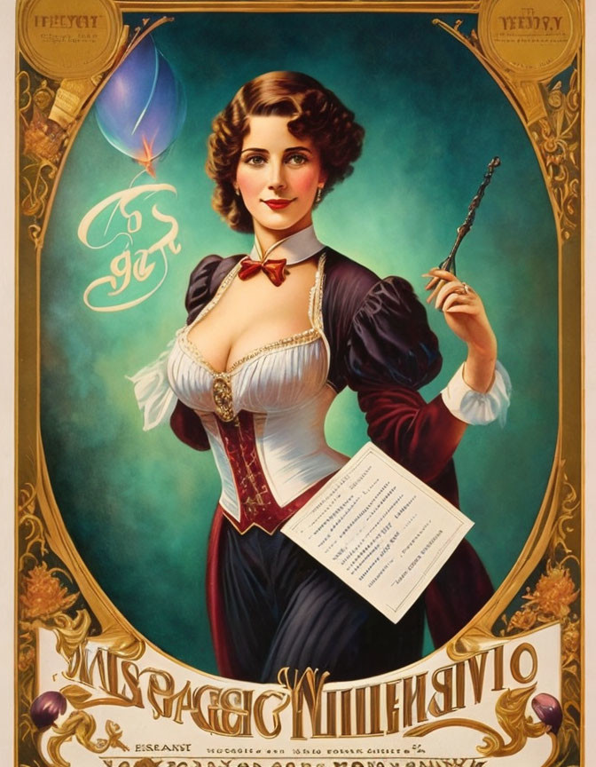 Vintage Style Poster Featuring Woman in Corset and Puff Sleeves Holding Wand