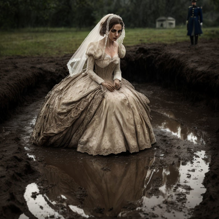 Vintage Wedding Dress Woman Sitting in Muddy Field