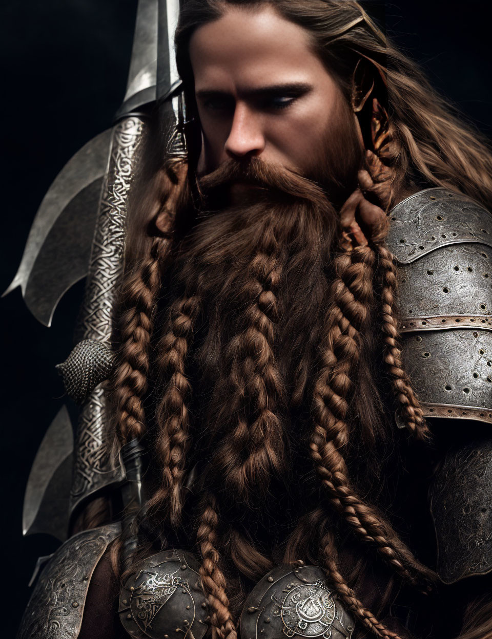 Warrior with braided beard in ornate metal armor and battle-axe