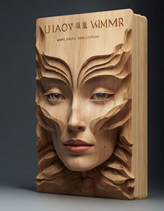 Intricate wooden sculpture of human face with layered wavy texture blending into book cover