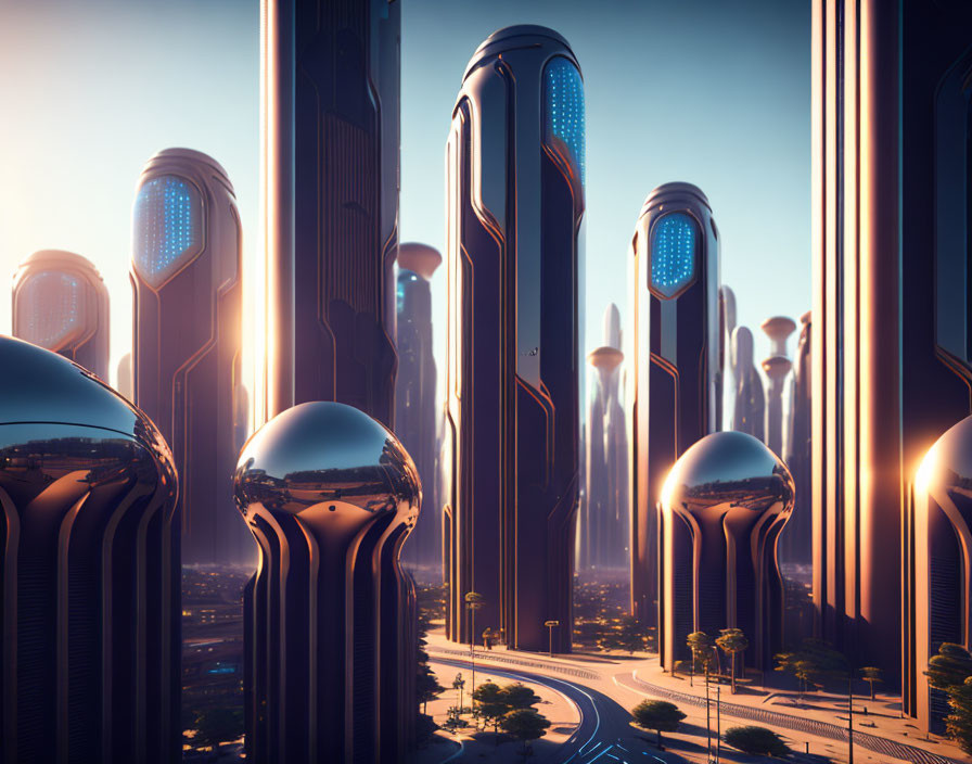 Sleek futuristic cityscape with towering buildings and rounded architecture.