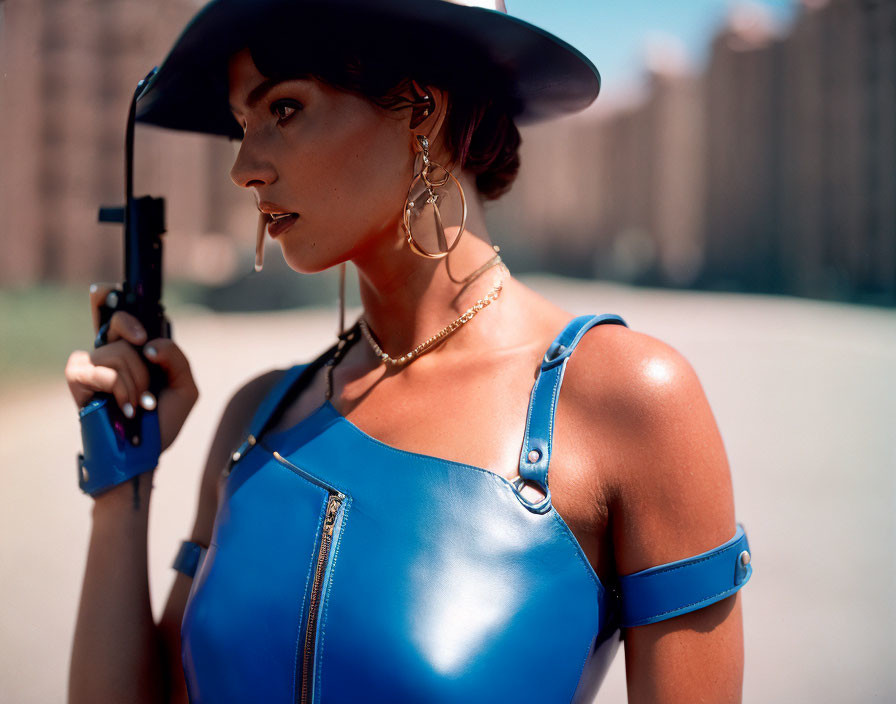 Woman in Blue Outfit with Large Hat and Walkie-Talkie on Blurred Background