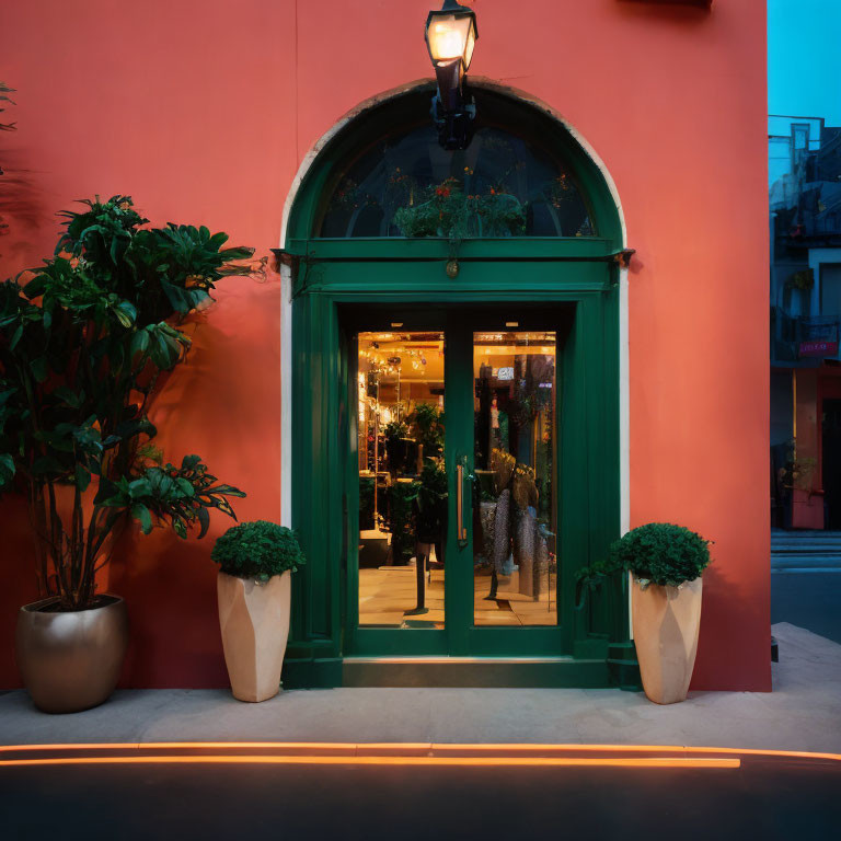 Green door, terracotta walls, potted plants - boutique entrance at dusk