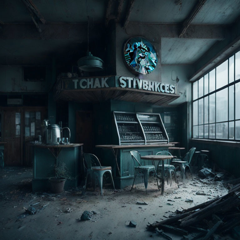 Abandoned room with scattered chairs, broken sign, and debris