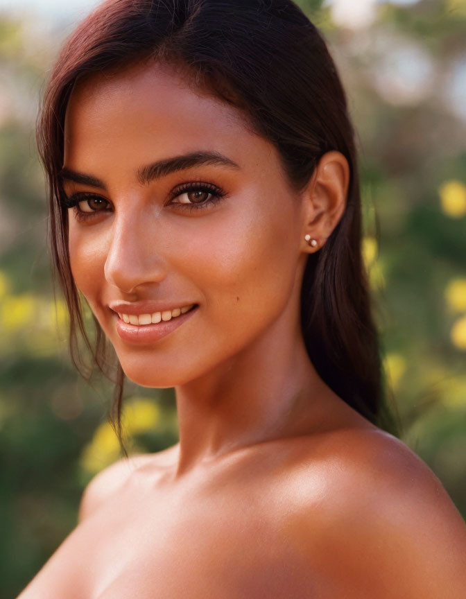 Portrait of woman with tan skin and dark hair smiling, featuring soft blurred natural background.