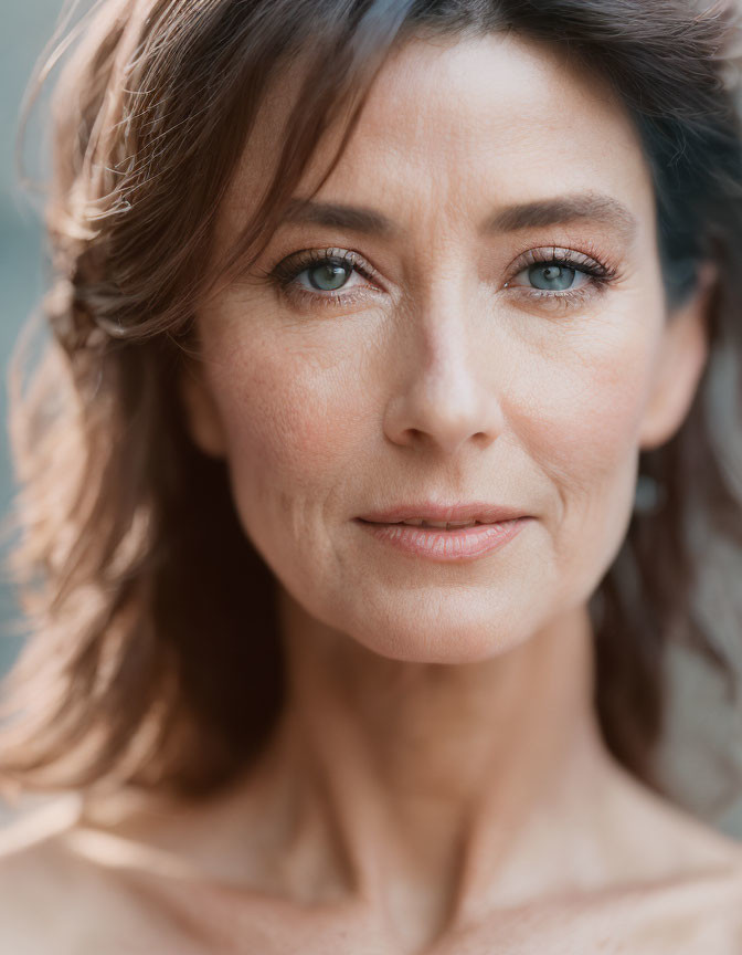 Close-Up Portrait of Woman with Brown Hair and Blue Eyes