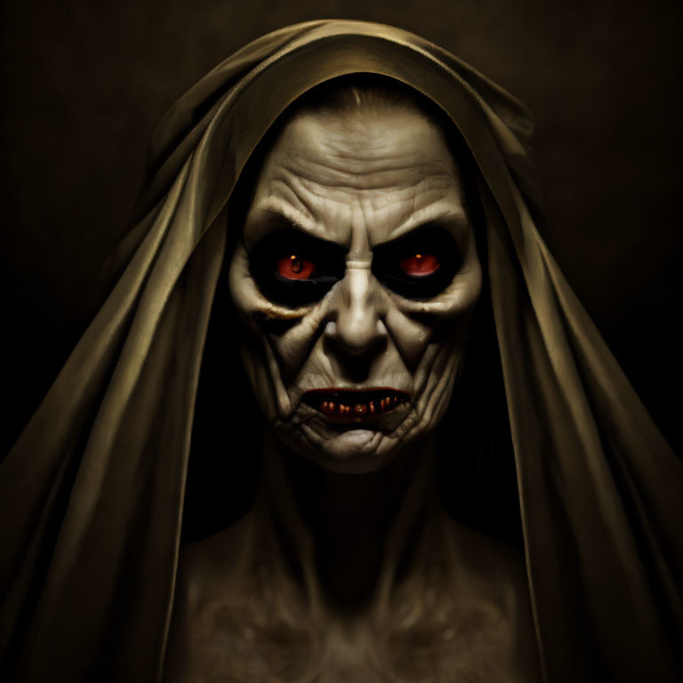 Hooded figure with pale, skeletal face and red eyes