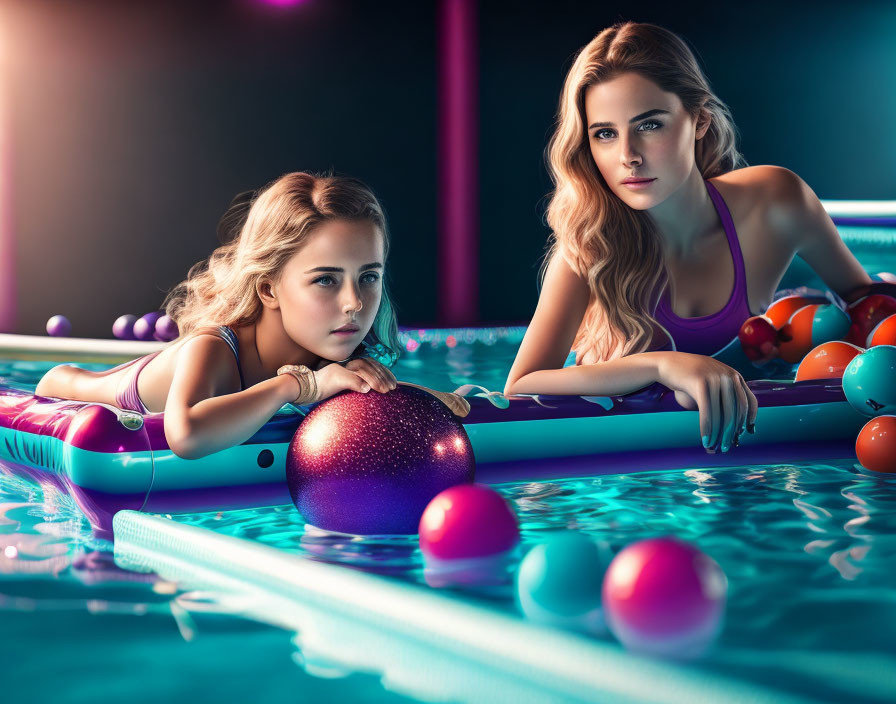 Two women on pool float in illuminated pool at twilight