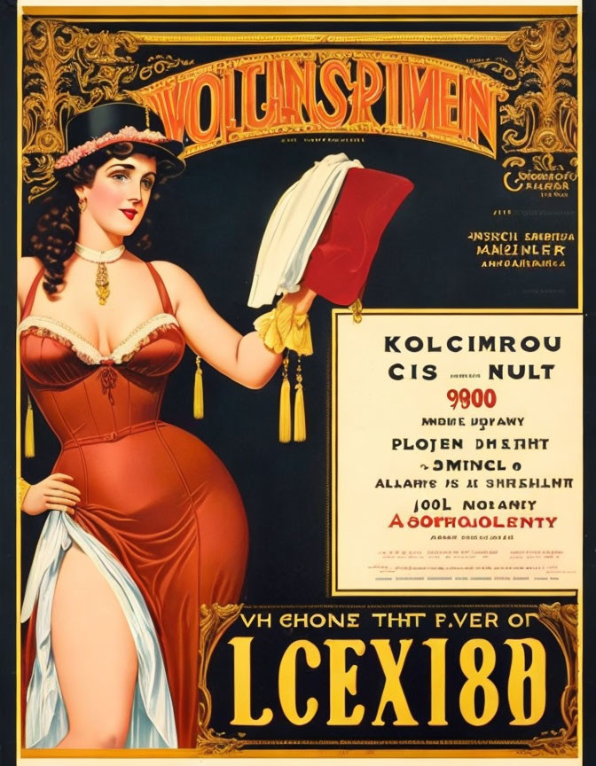 Vintage poster: Woman in red corset with feathered hat & text/numbers for event advertisement