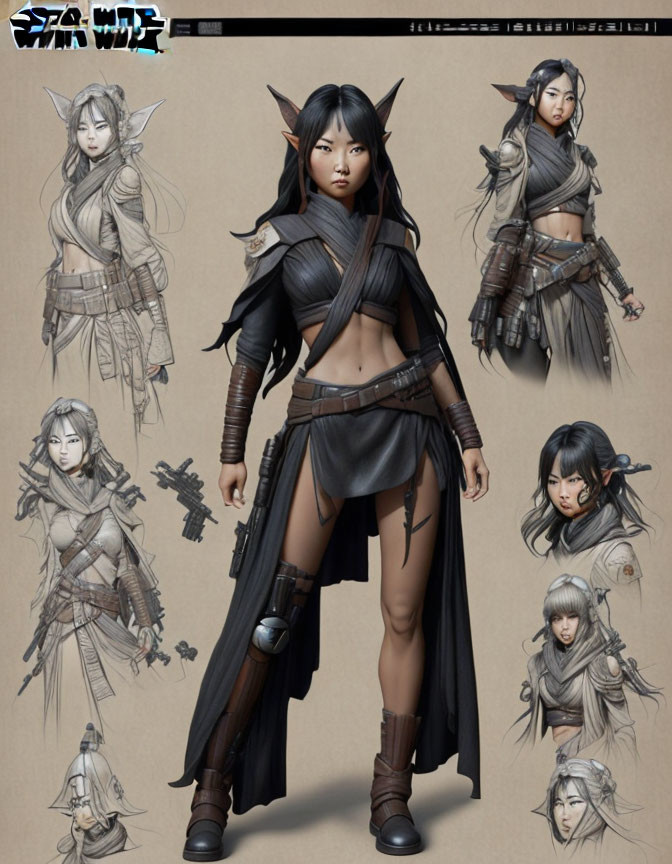 Female Elf Character Concept Art with Dark Hair and Pointed Ears