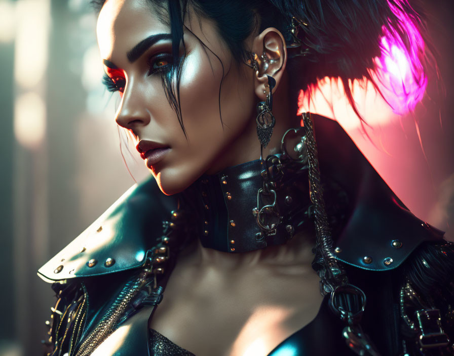 Dark-haired woman in edgy studded leather outfit under neon light